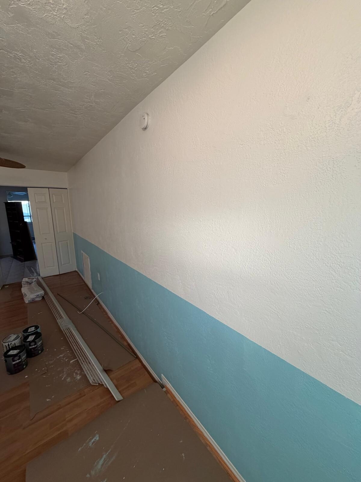 Room with lower half of the wall painted light blue and upper half white